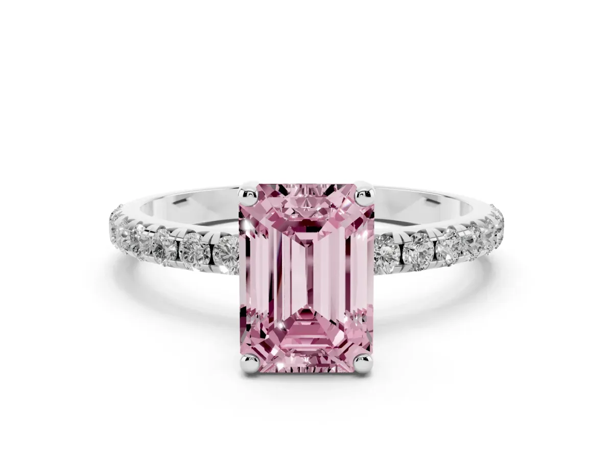 Fancy Pink Emerald Cut Cut Diamond Solitaire Ring with Micro Pave Band and Four Prong Setting Silver