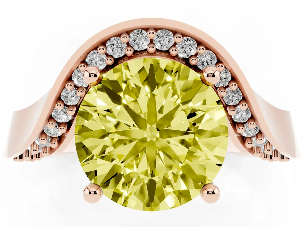 Fancy Yellow Round Cut Solitaire Diamond Engagement Ring with Pave Band and Four-Prong Setting Rose gold