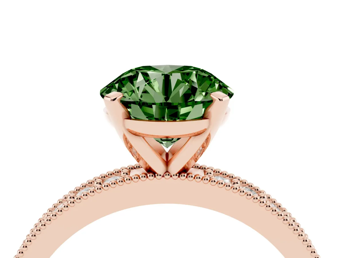 Fancy Green Round Cut Diamond Milgrain Pavé Engagement Ring with Four-Prong Setting Rose gold