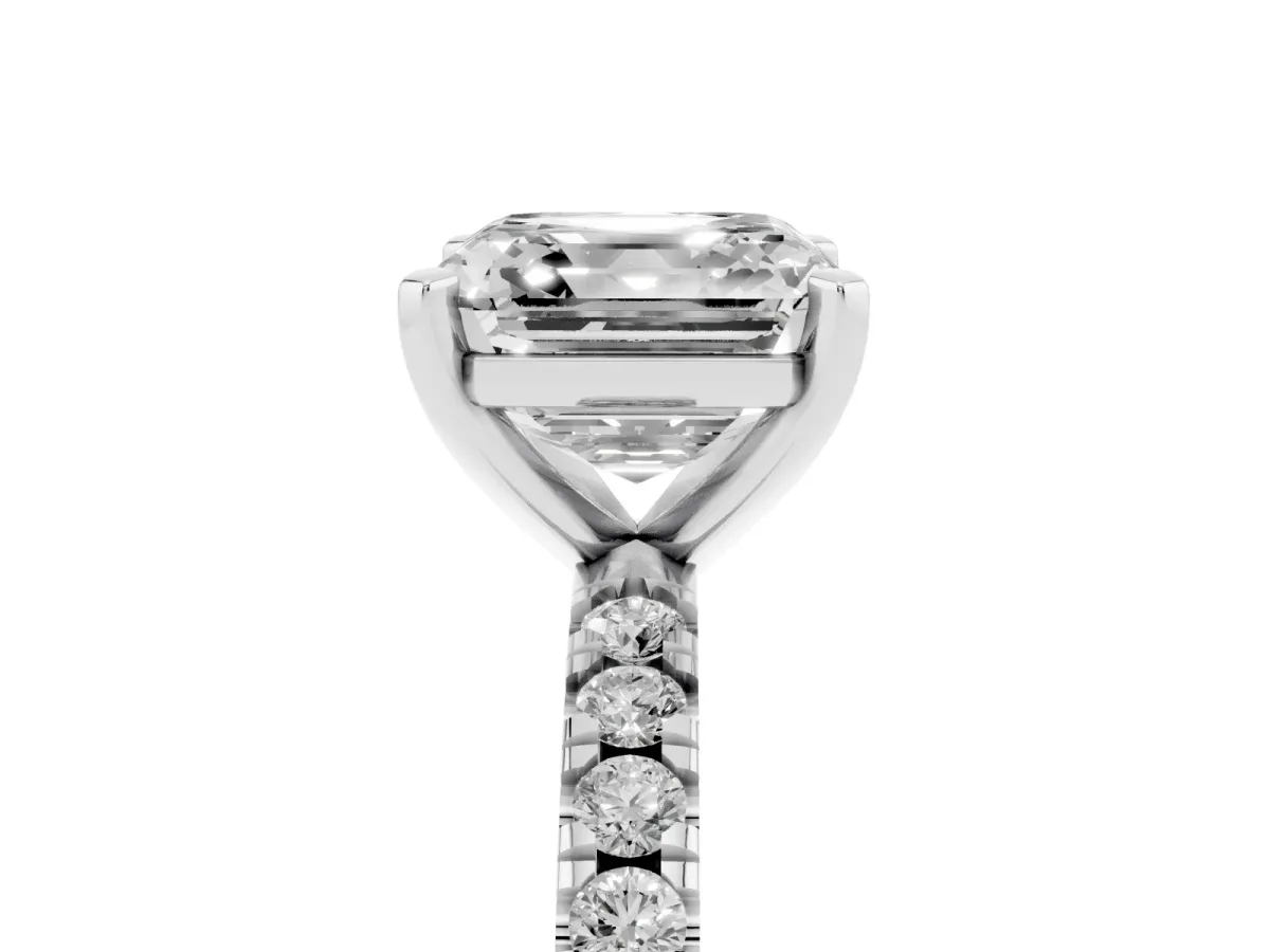 Asscher Cut Diamond Pavé Band Solitaire with Four-Prong Setting Silver