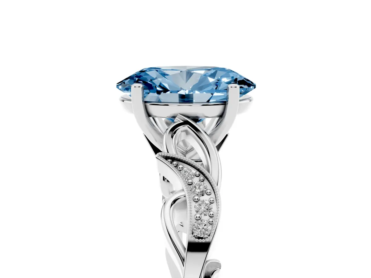 Fancy Blue Oval Cut Solitaire Vine Band with Milgrain Prong Setting White gold