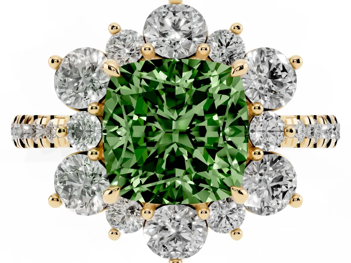 Fancy Green Cushion Cut Diamond Floral Halo Ring with Round Pavé Band and Prong Setting Yellow gold