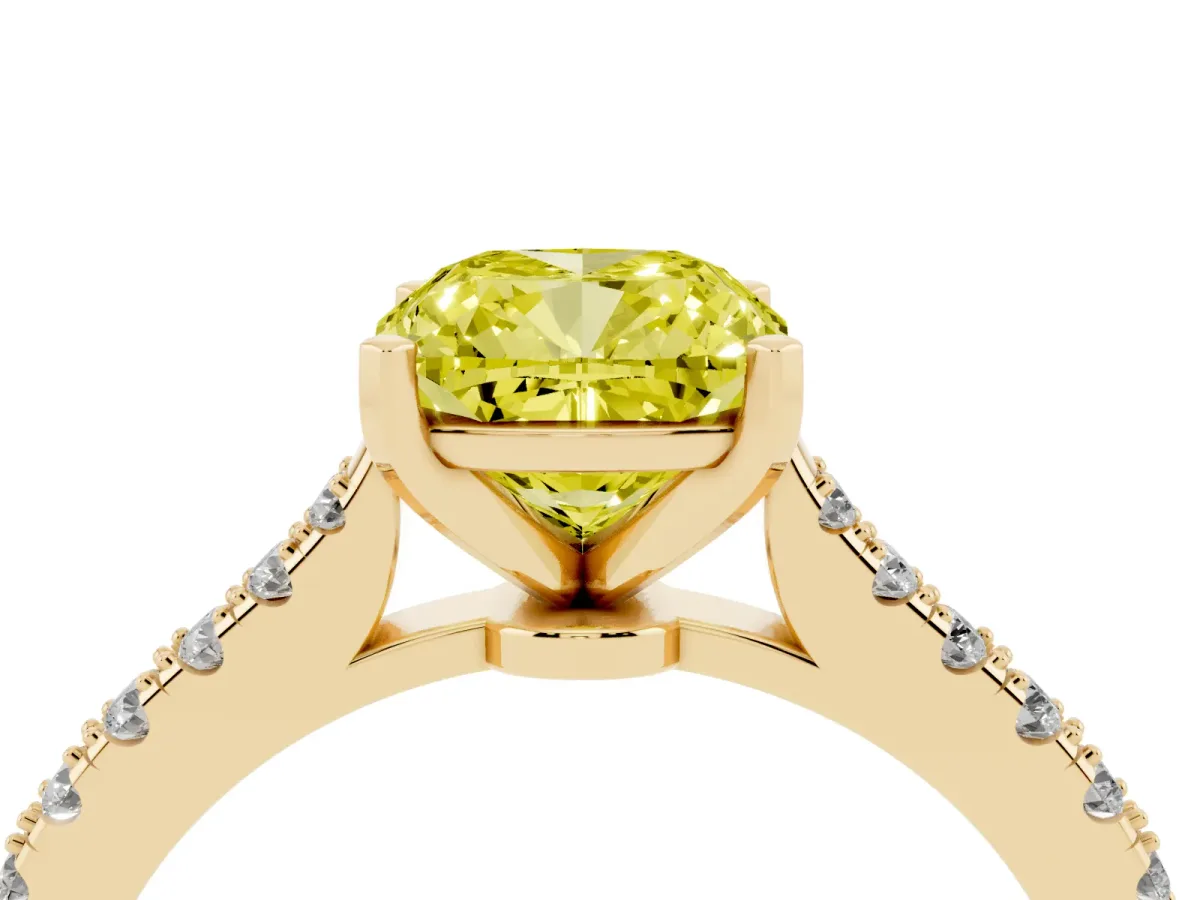 Fancy Yellow Cushion Cut Cut Solitaire Diamond Engagement Ring with Pave Band and Four-Prong Setting Yellow gold