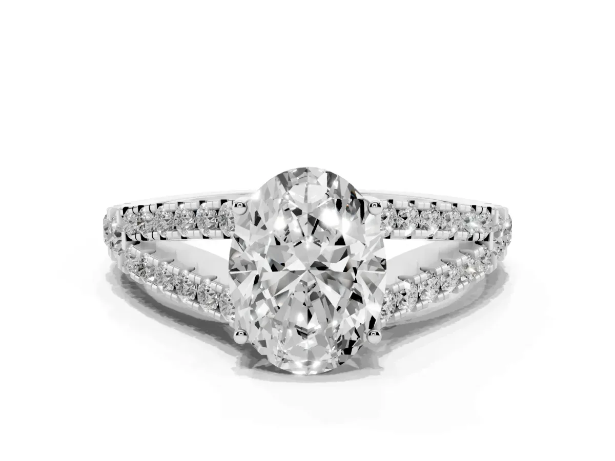 Oval Cut Diamond Split Shank Engagement Ring with Round Pavé and Prong Setting Platinum