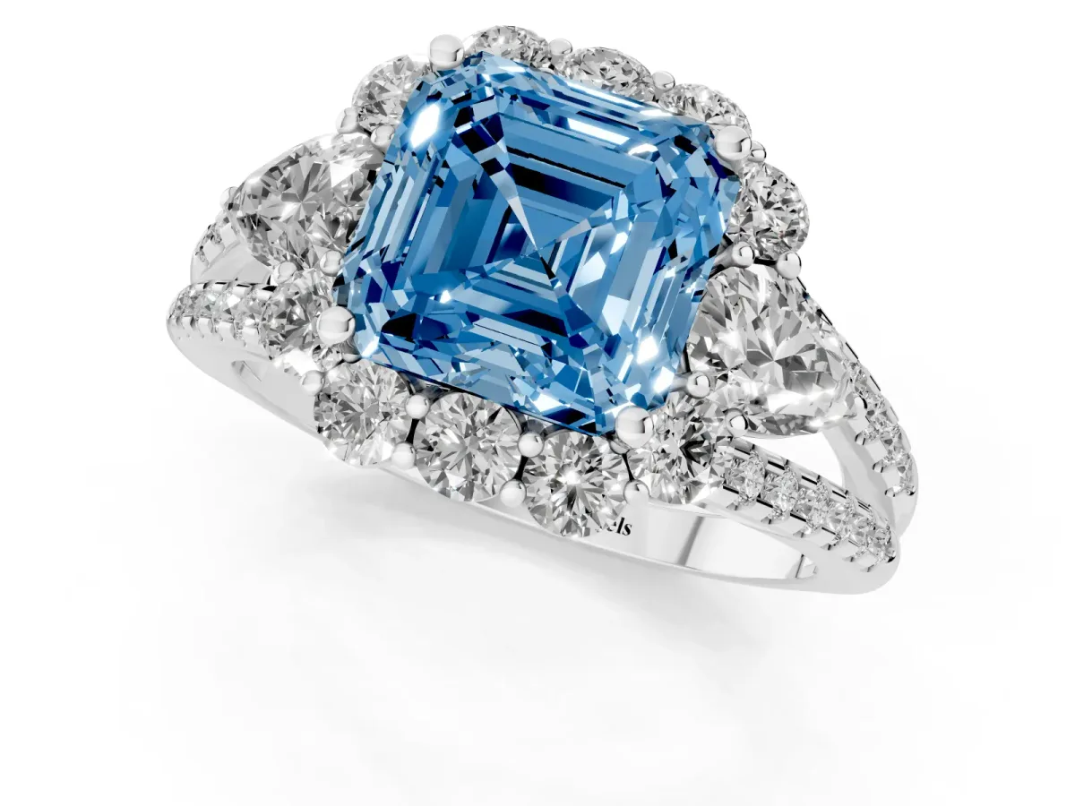 Fancy Blue Asscher Cut Halo Split Shank Diamond Engagement Ring with Prong Setting Silver