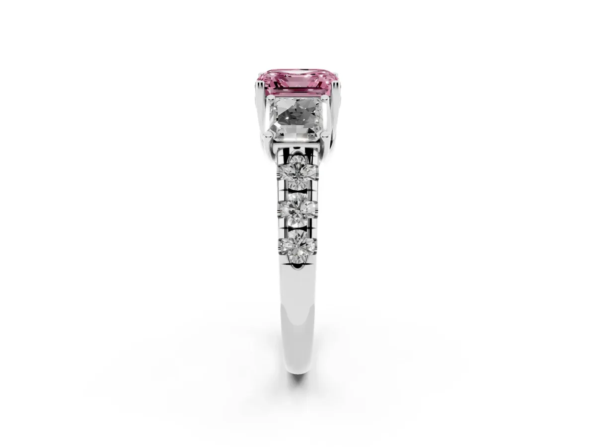 Fancy Pink Three-Stone Asscher Cut Diamond Pavé Band with Prong Setting Platinum