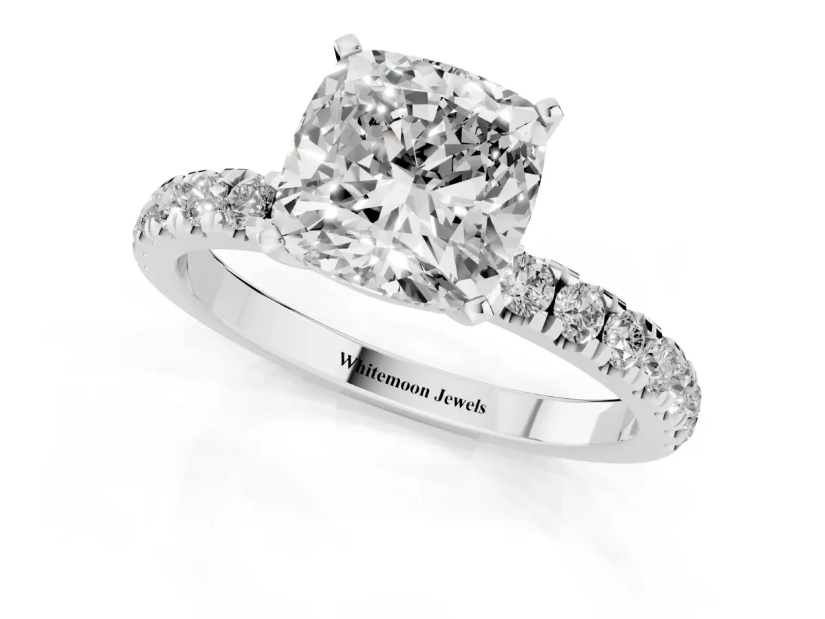 Cushion Cut Diamond Solitaire Ring with Pavé Accents and Four-Prong Setting White gold