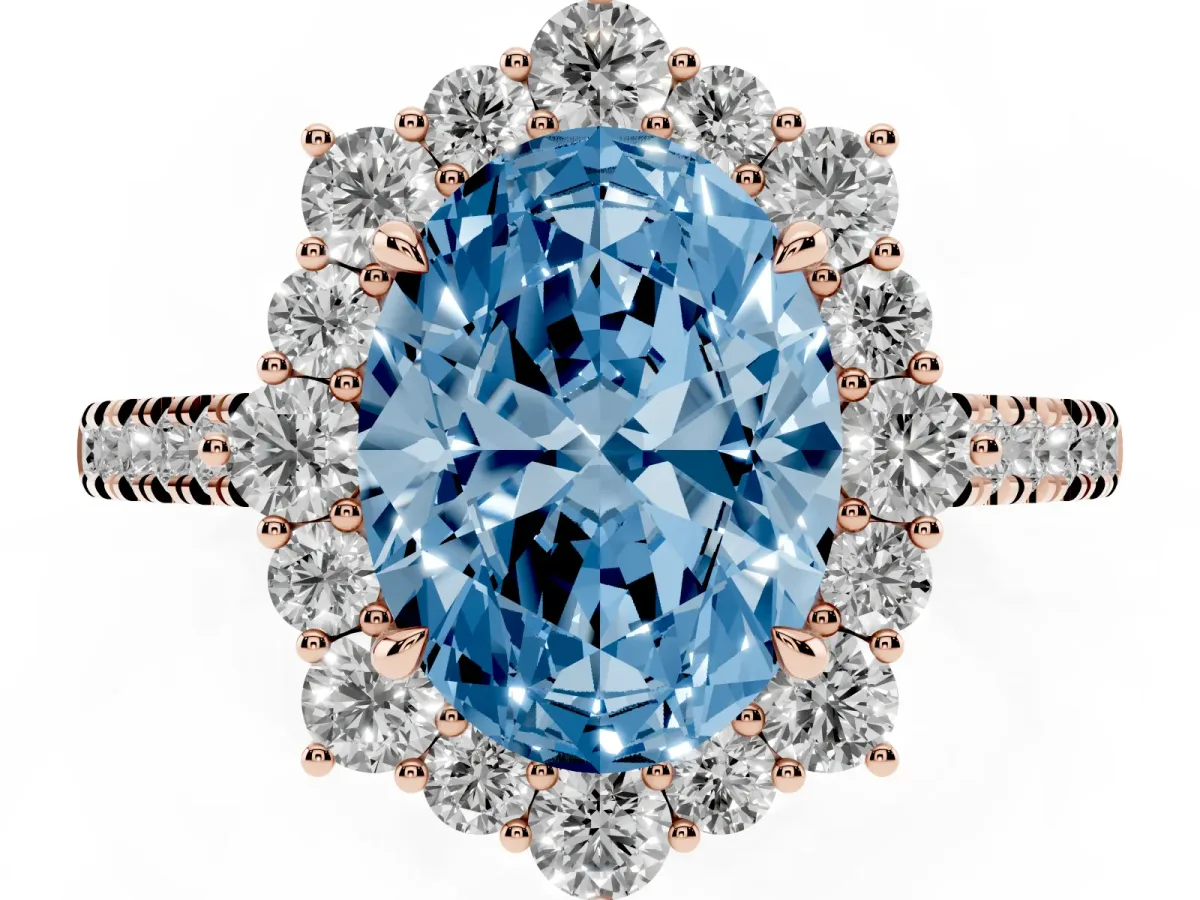 Fancy Blue Oval Cut Halo Diamond Ring with Pavé Band and Prong Setting Rose gold