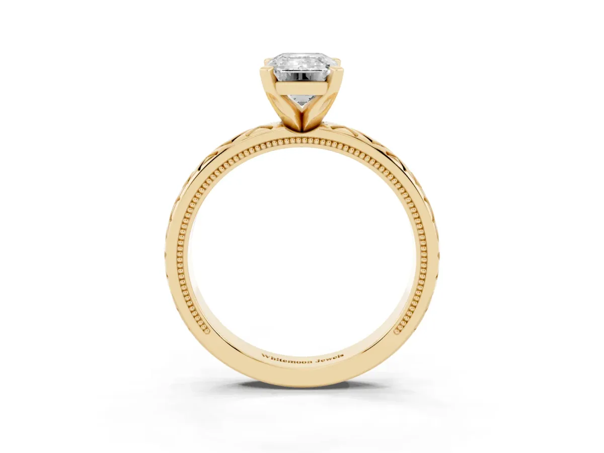 Emerald Cut Solitaire Diamond Ring with Milgrain and Black Enamel X Pattern Band Yellow gold