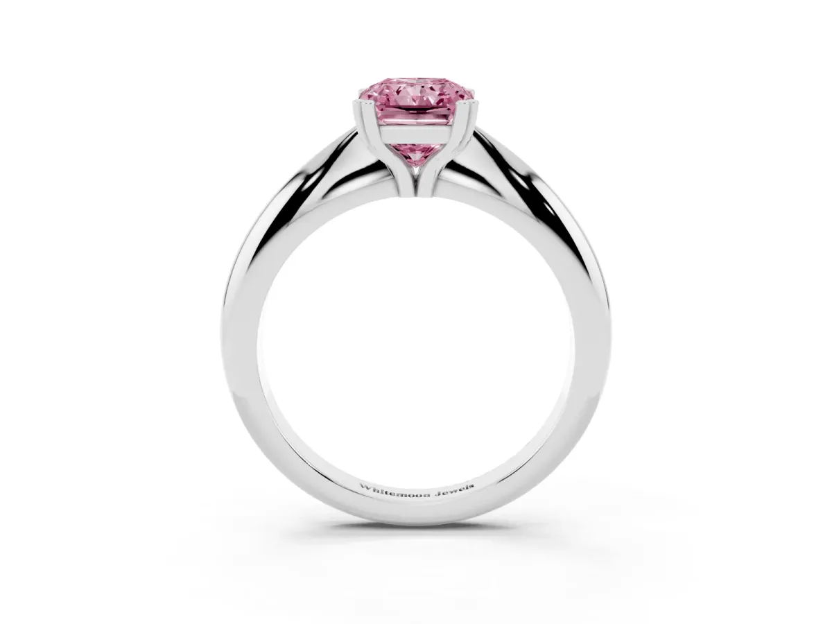 Fancy Pink Radiant Cut Cut Solitaire Engagement Ring with Tapered Band and Four-Prong Setting Platinum