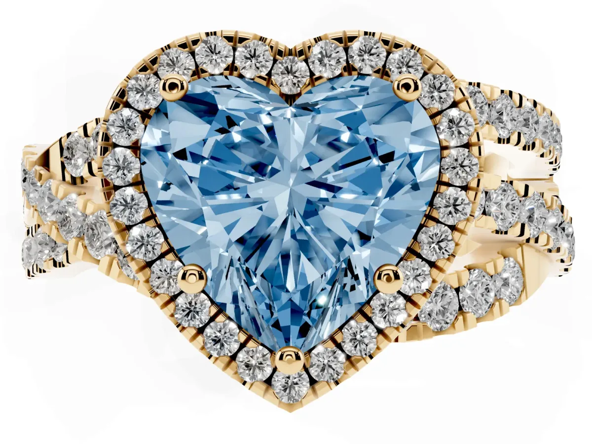 Fancy Blue Heart Cut Diamond Halo Ring with Round Split Shank and Prong Setting Yellow gold