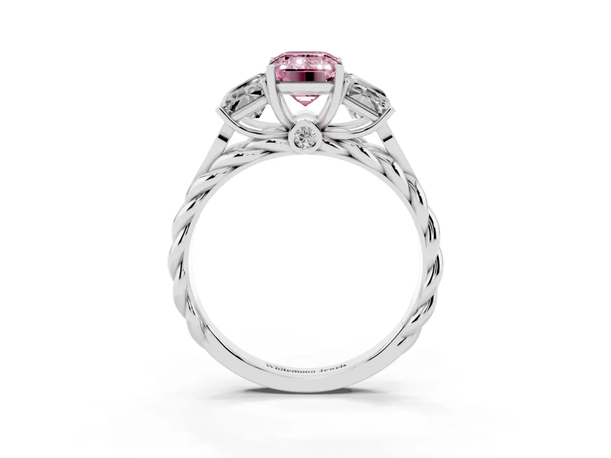 Fancy Pink Three-Stone Radiant Cut Diamond Braided Band Ring with Four-Prong Setting Platinum