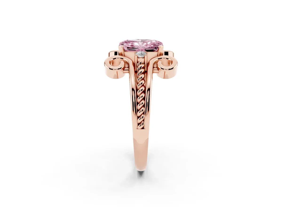 Fancy Pink Radiant Cut Solitaire Twisted Band Scroll Prong Ring Rose gold