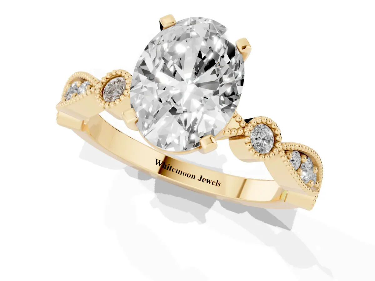 Oval Cut Milgrain Bezel Diamond Engagement Ring with Solitaire Prong Setting Yellow gold