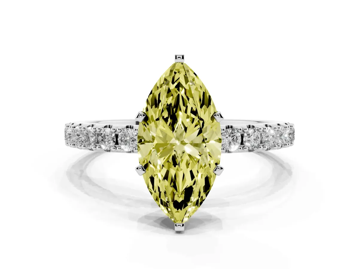 Fancy Yellow Marquise Cut Diamond Solitaire Pavé Band with Four-Prong Setting Silver