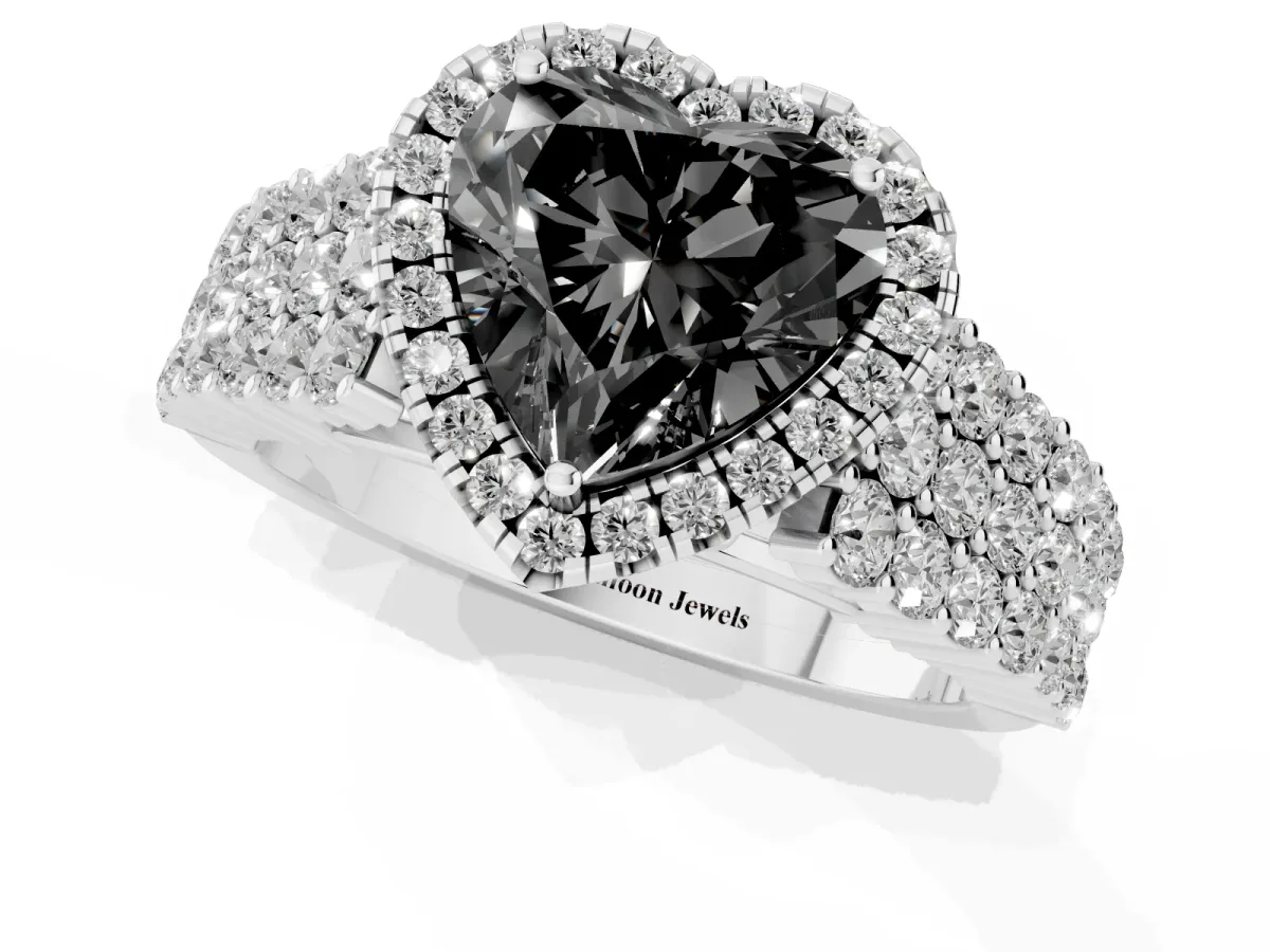 Fancy Black Heart Cut Diamond Halo Engagement Ring with Triple Row Round Pavé Band and Prong Setting Silver