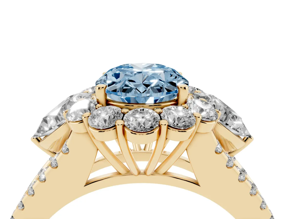Fancy Blue Oval Cut Halo Split Shank Diamond Engagement Ring with Prong Setting Yellow gold