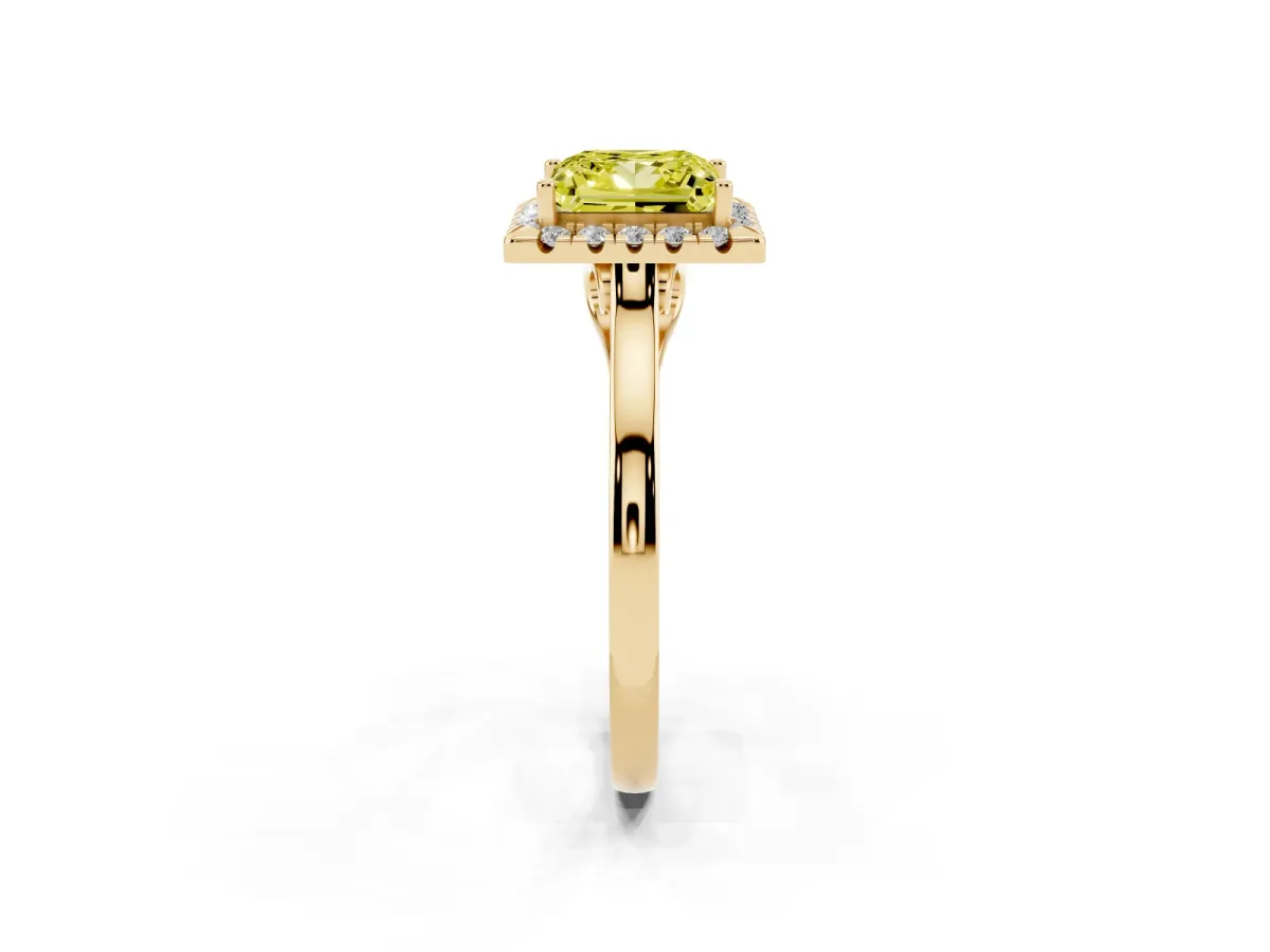 Fancy Yellow Princess Cut Halo Round Diamond Solitaire Ring with Pavé Band and Four-Prong Setting Yellow gold