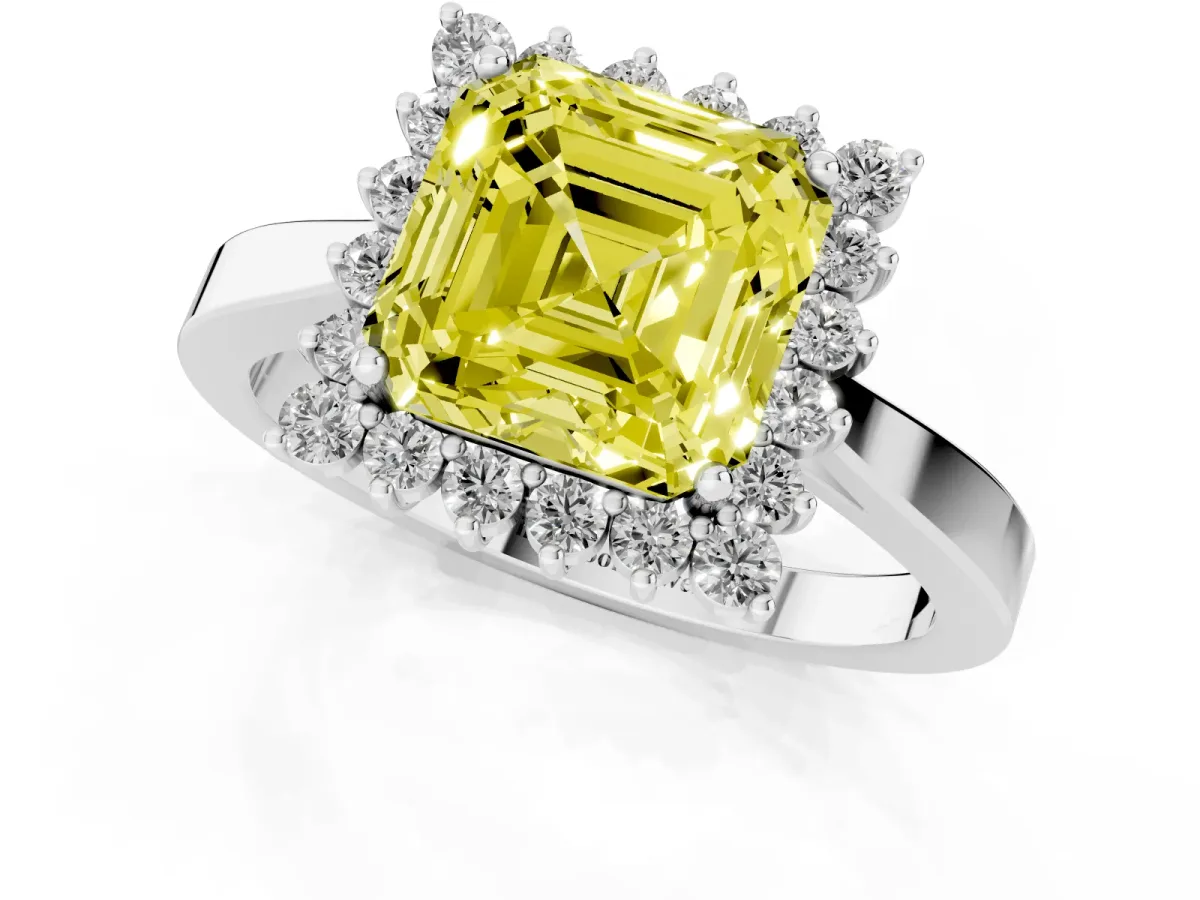 Fancy Yellow Asscher Cut Cut Diamond Halo Ring with Round Brilliant Halo and Solitaire Band Silver