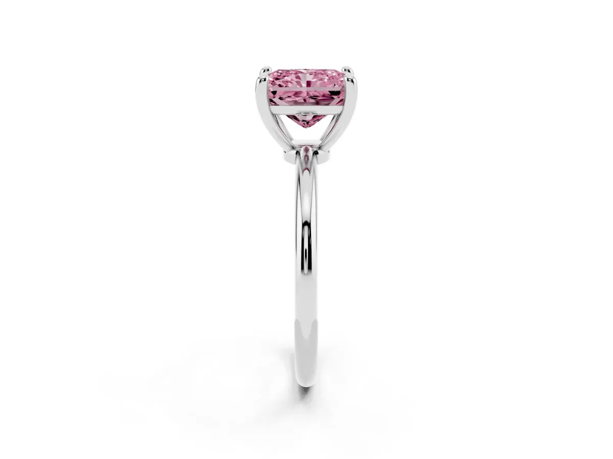 Fancy Pink Radiant Cut Solitaire Diamond Ring with 4-Prong Setting on a Classic Band Silver