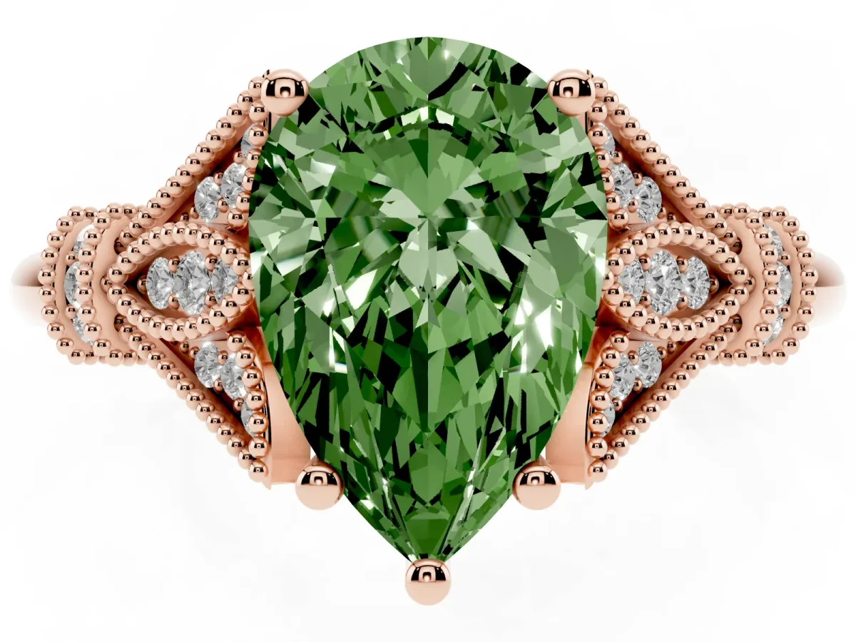 Fancy Green Pear Cut Diamond Solitaire Ring with Floral Filigree and Pave Accents Rose gold