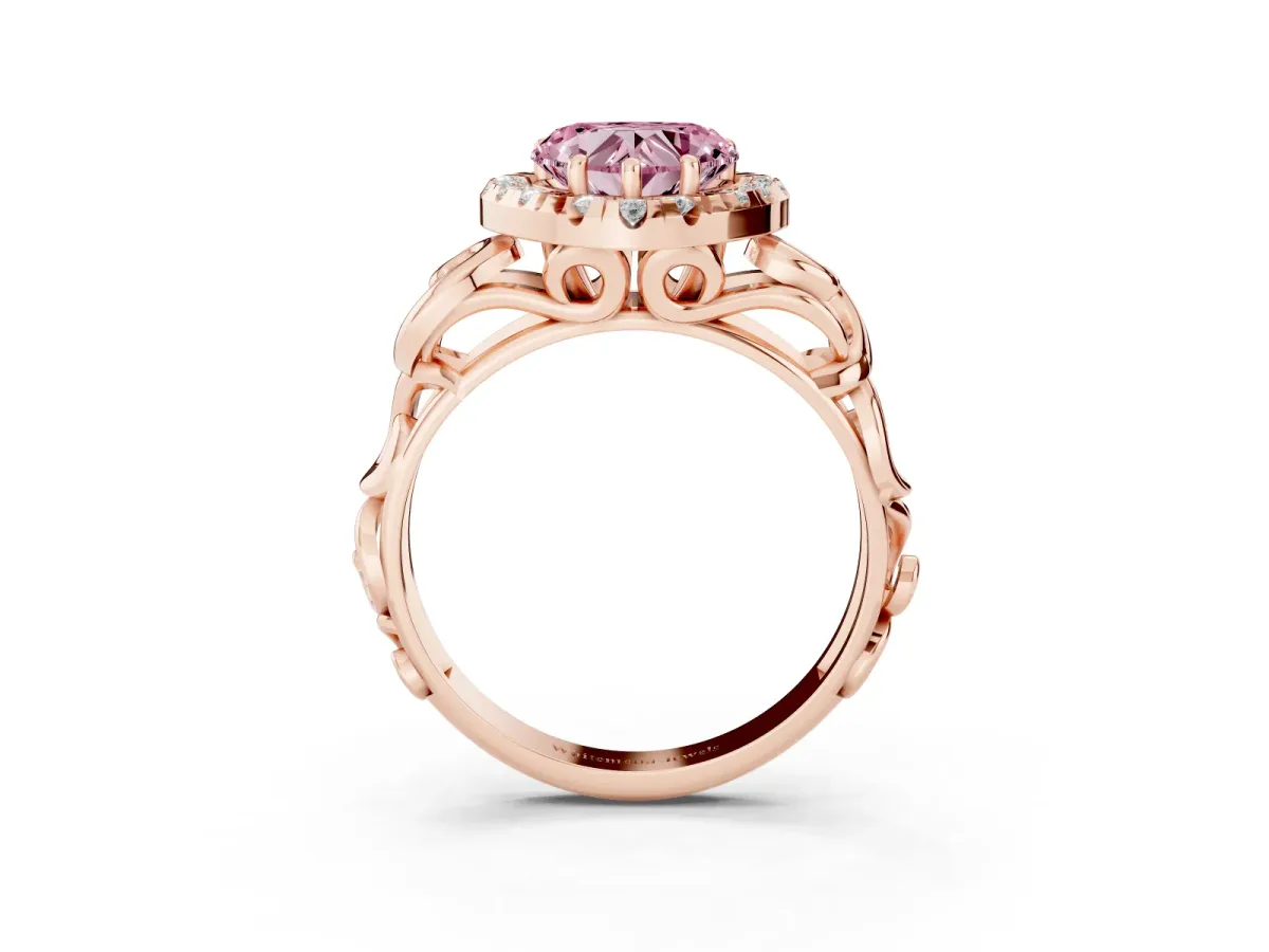 Fancy Pink Heart Cut Cut Halo Diamond Ring with Scrollwork Band and Four-Prong Setting Rose gold
