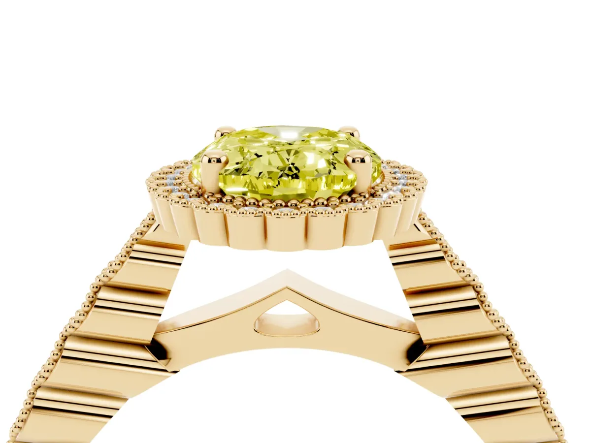 Fancy Yellow Oval Cut Cut Halo Pavé Solitaire Ring with Milgrain Band Yellow gold