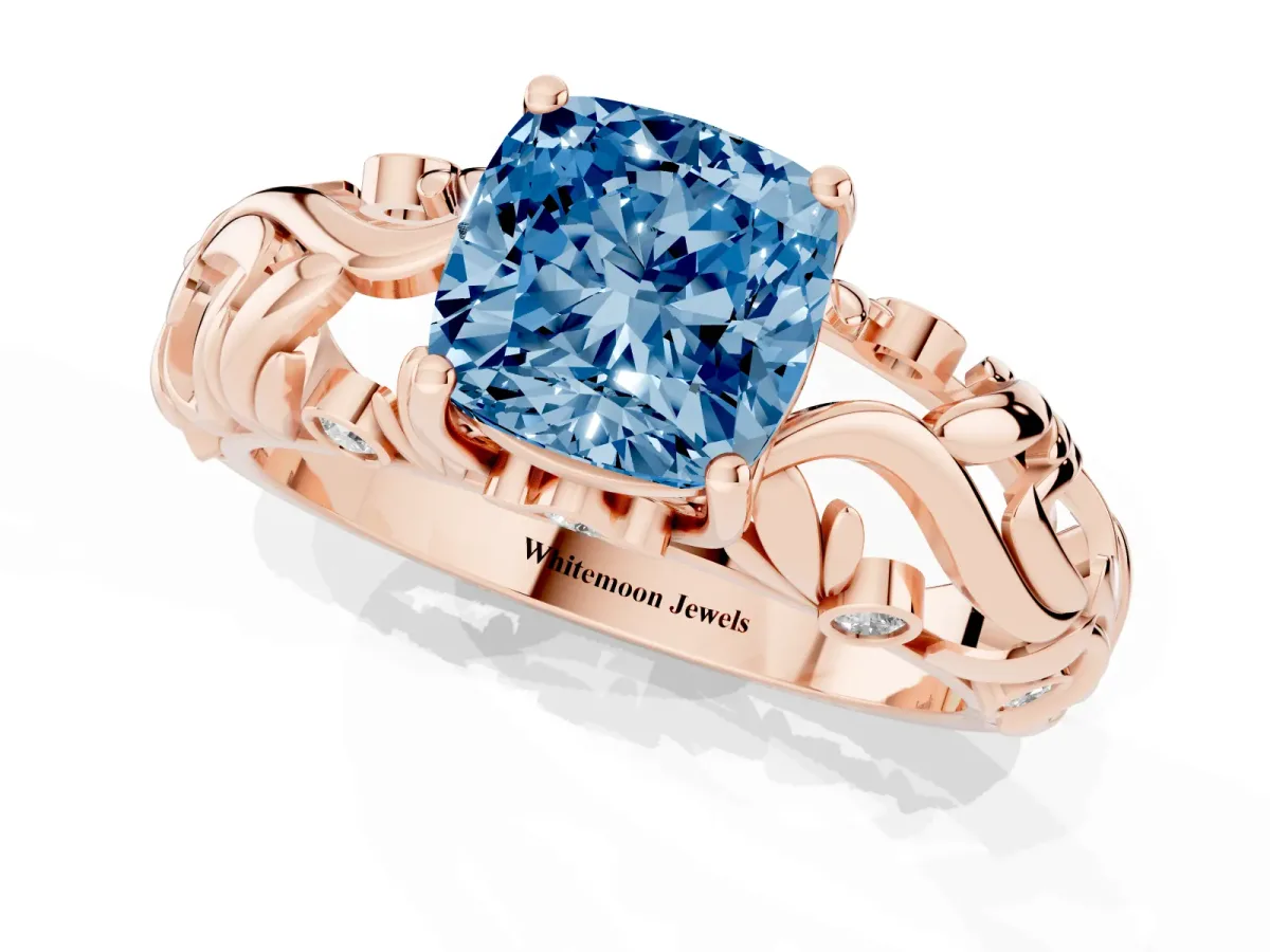 Fancy Blue Cushion Cut Solitaire Diamond Leaf-Inspired Vine Band Ring with Prong Setting Rose gold