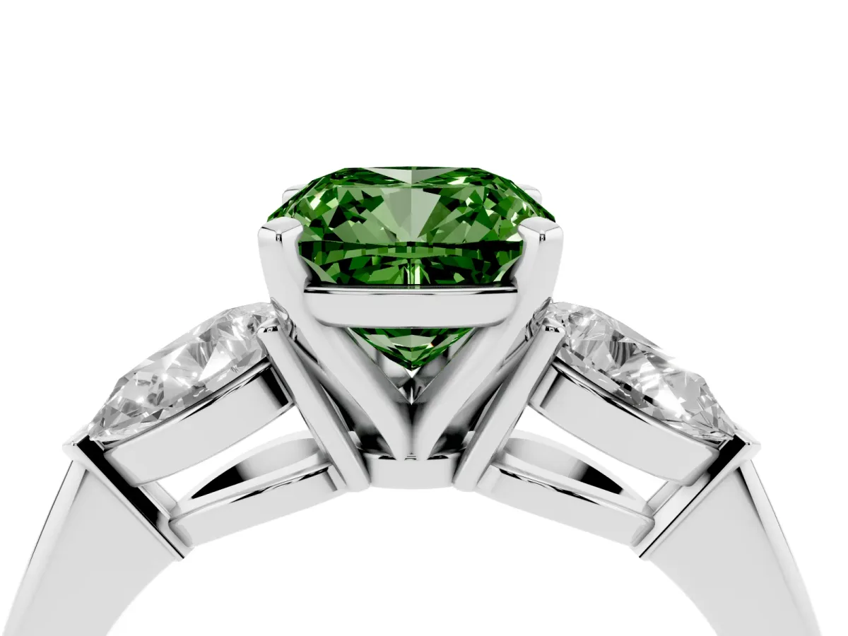 Fancy Green Three-Stone Cushion Cut Diamond Ring with Pear Side Stones and Four-Prong Setting Silver
