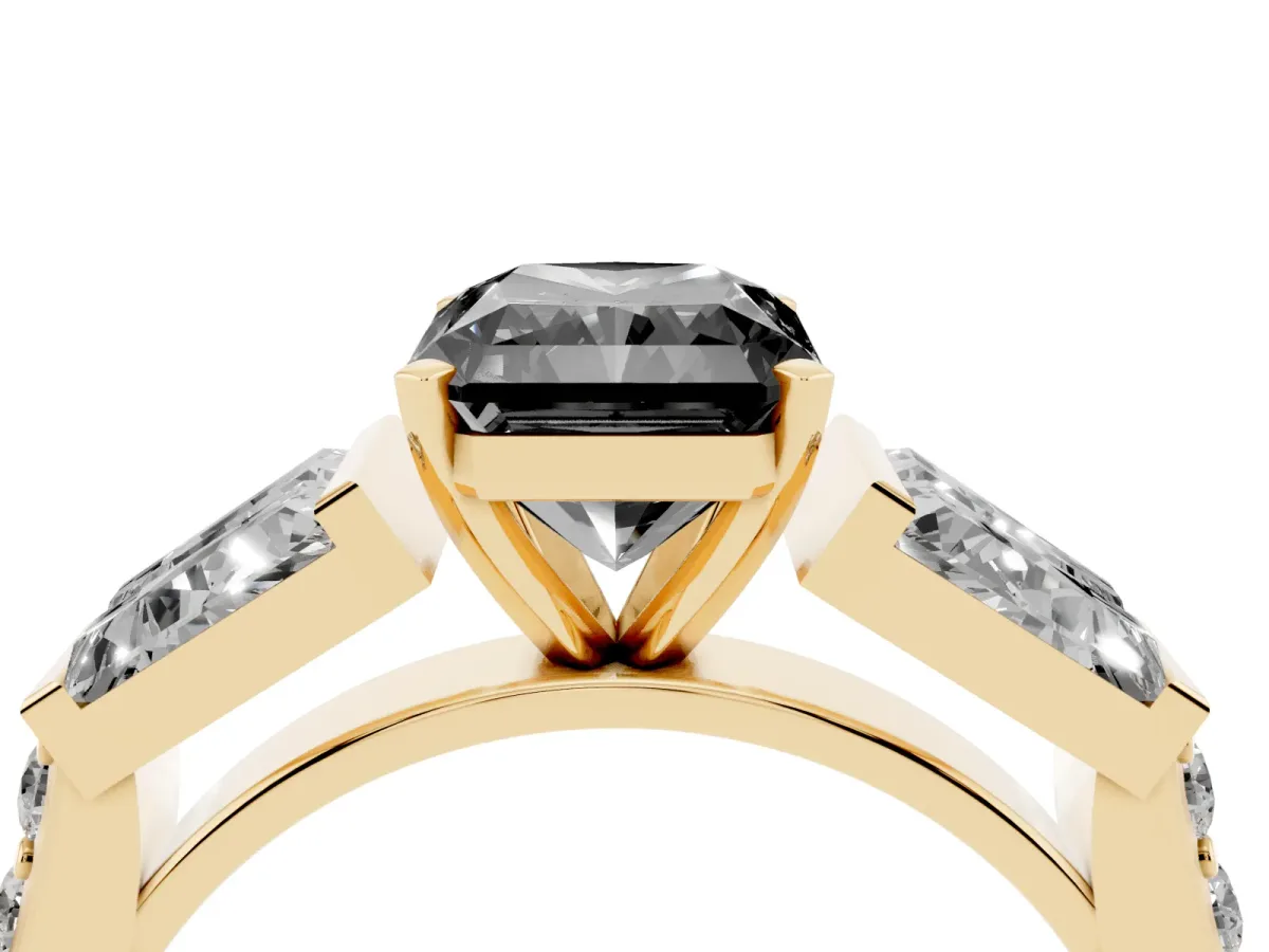 Fancy Black Radiant Cut Diamond Engagement Ring with Baguette Side Stones and Channel Set Band Yellow gold