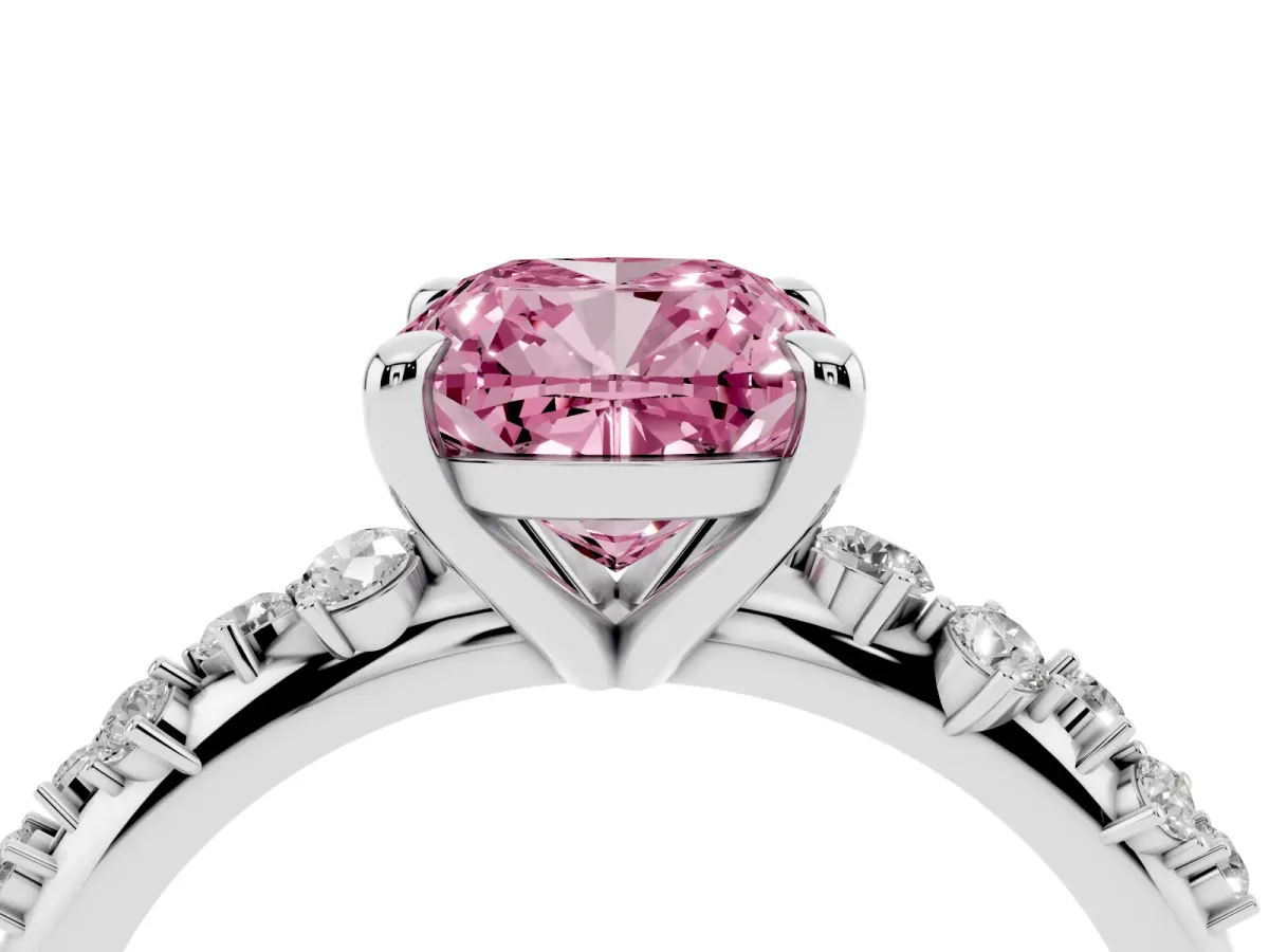 Fancy Pink Cushion Cut Cut Diamond Vine Band with Four-Prong Setting Platinum