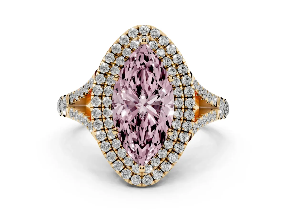 Fancy Pink Marquise Cut Diamond Pavé Split Shank Double Halo Engagement Ring Yellow gold