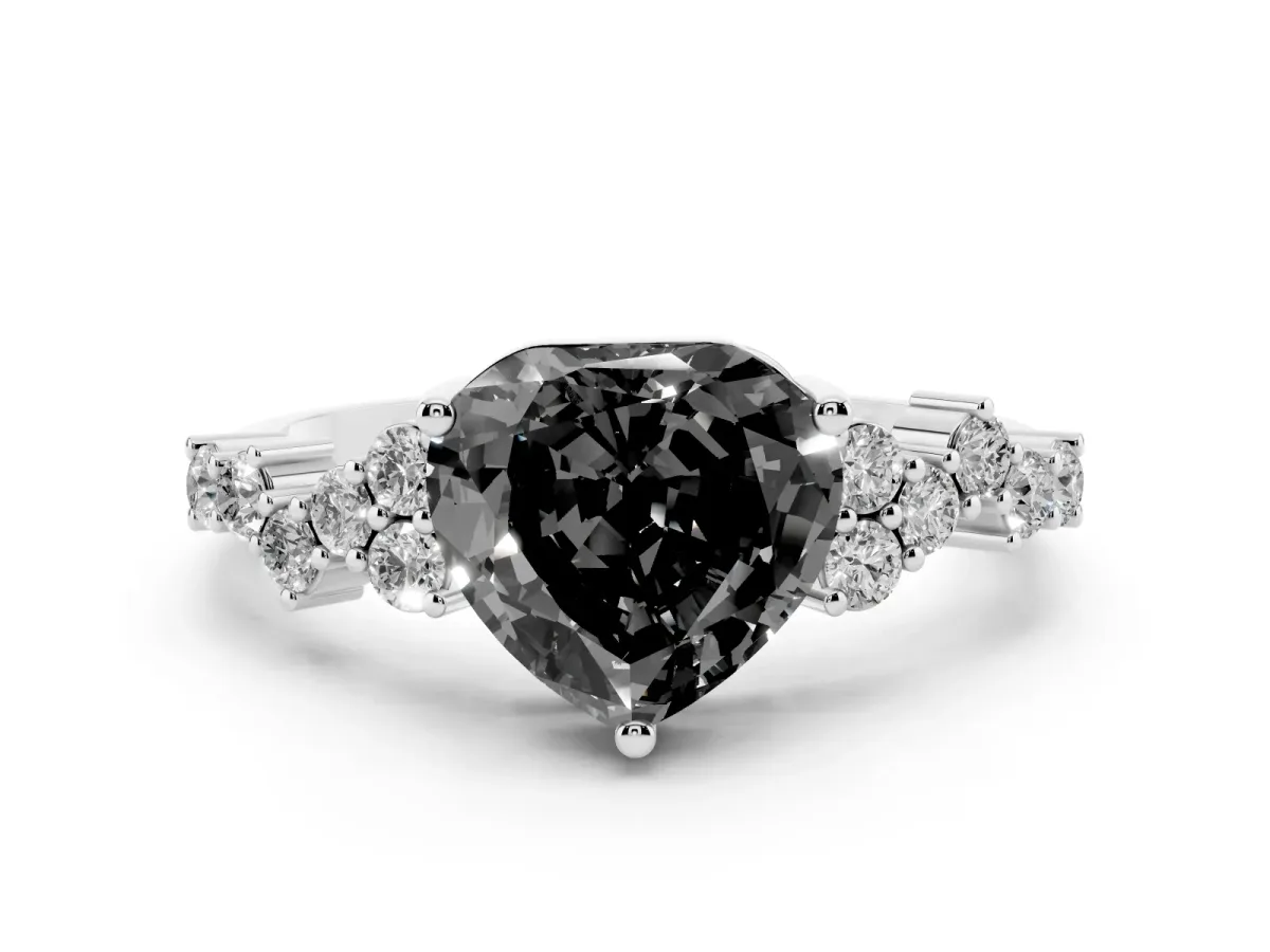 Fancy Black Heart Cut Diamond Scattered Round Accent Ring with Prong Setting White gold