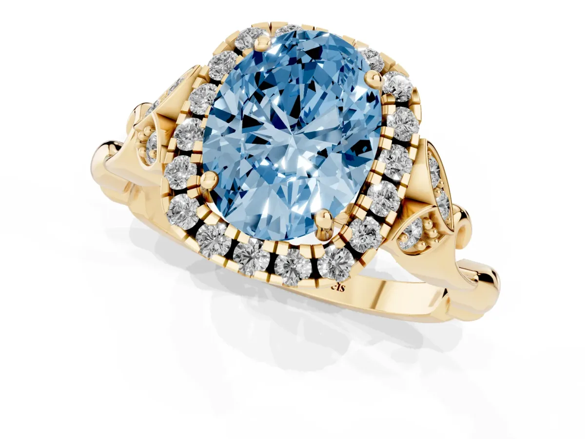 Fancy Blue Oval Cut Halo Diamond Engagement Ring with Vintage-Inspired Band and Four-Prong Setting Yellow gold