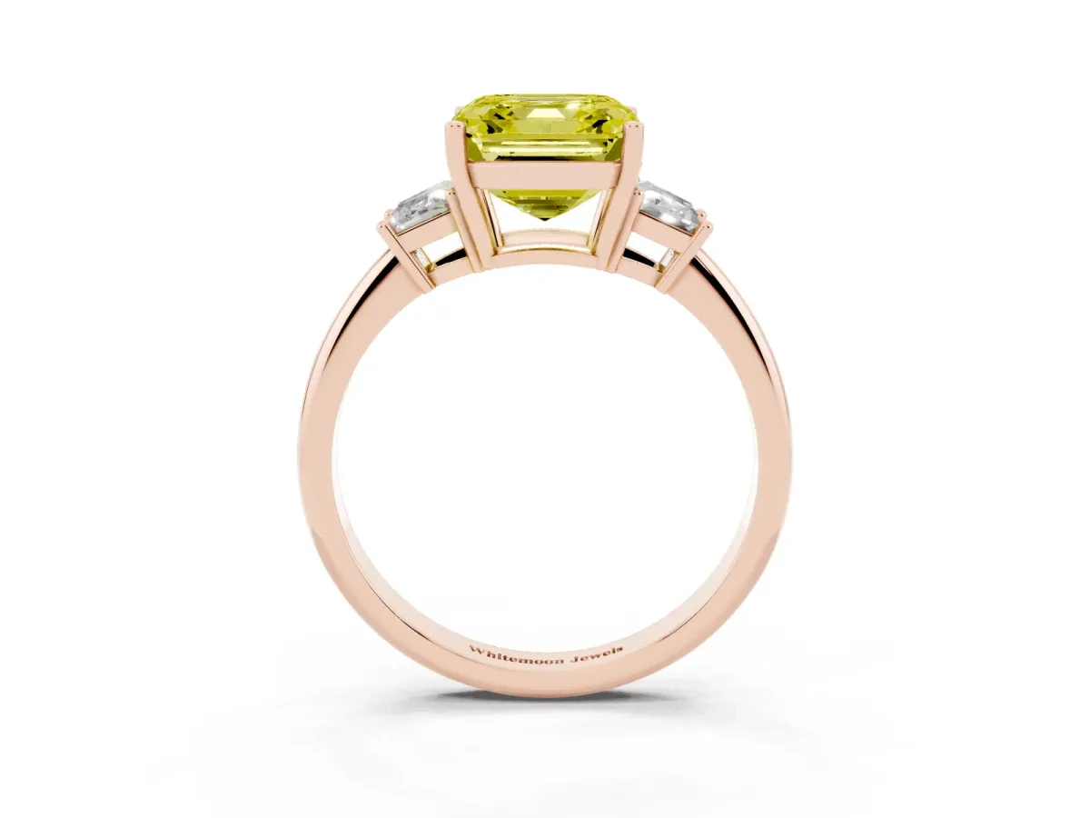 Fancy Yellow Asscher Cut Diamond Three-Stone Ring with Trapezoid Side Stones and Prong Setting Rose gold