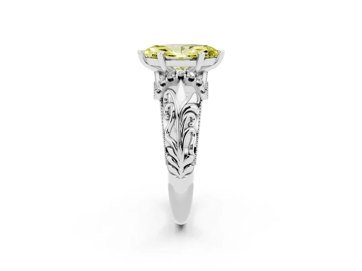 Fancy Yellow Marquise Cut Solitaire Filigree Engagement Ring with Halo and Prong Setting White gold