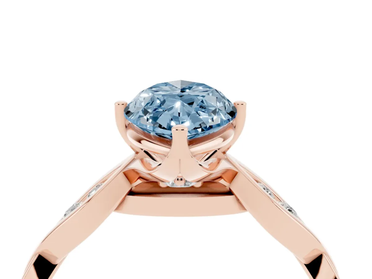 Fancy Blue Marquise Cut Solitaire Twist Band with Leaf Prong Setting Rose gold
