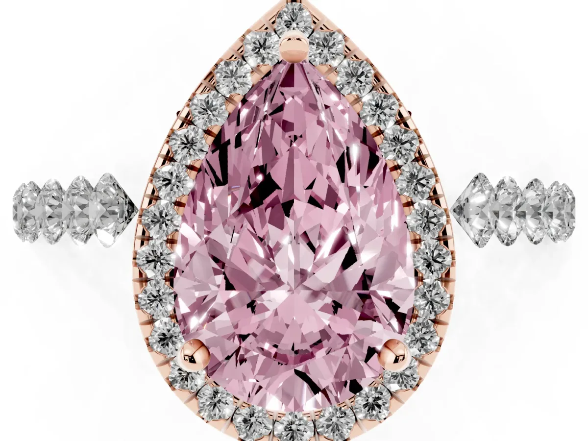 Fancy Pink Pear Cut Halo Pavé Diamond Engagement Ring with Four-Prong Setting Rose gold