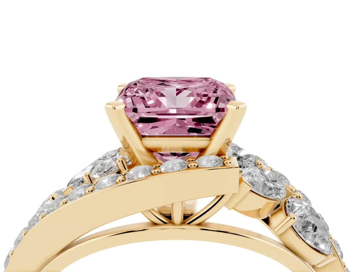 Fancy Pink Princess Cut Diamond Halo Ring with Marquise and Pavé Band in Prong Setting Yellow gold