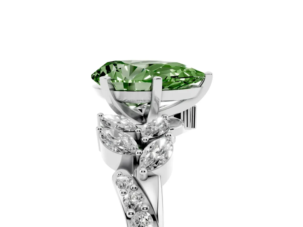 Fancy Green Pear Cut Solitaire Marquise Twist Band with Six-Prong Setting Silver