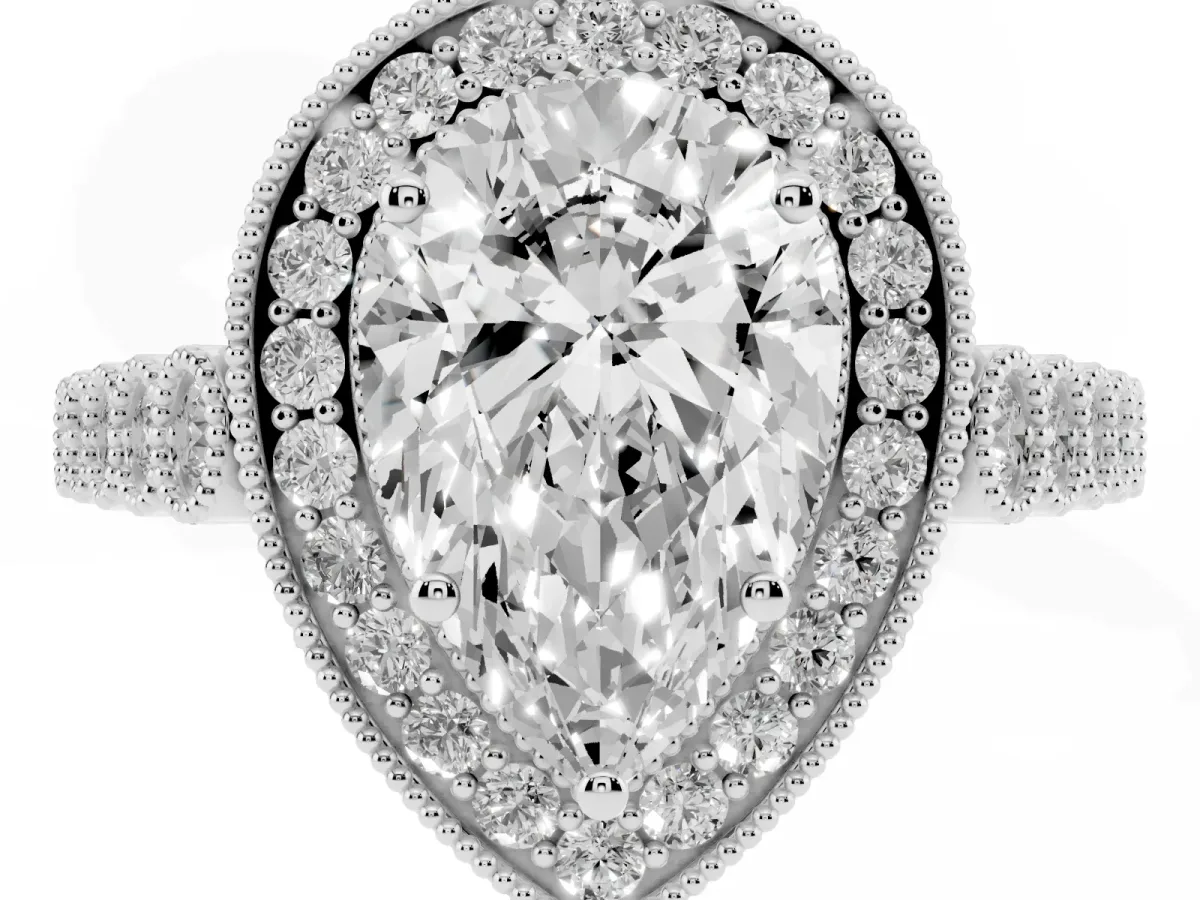 Pear Cut Halo Milgrain Solitaire with Bezel Set Side Stones and Pave Band White gold