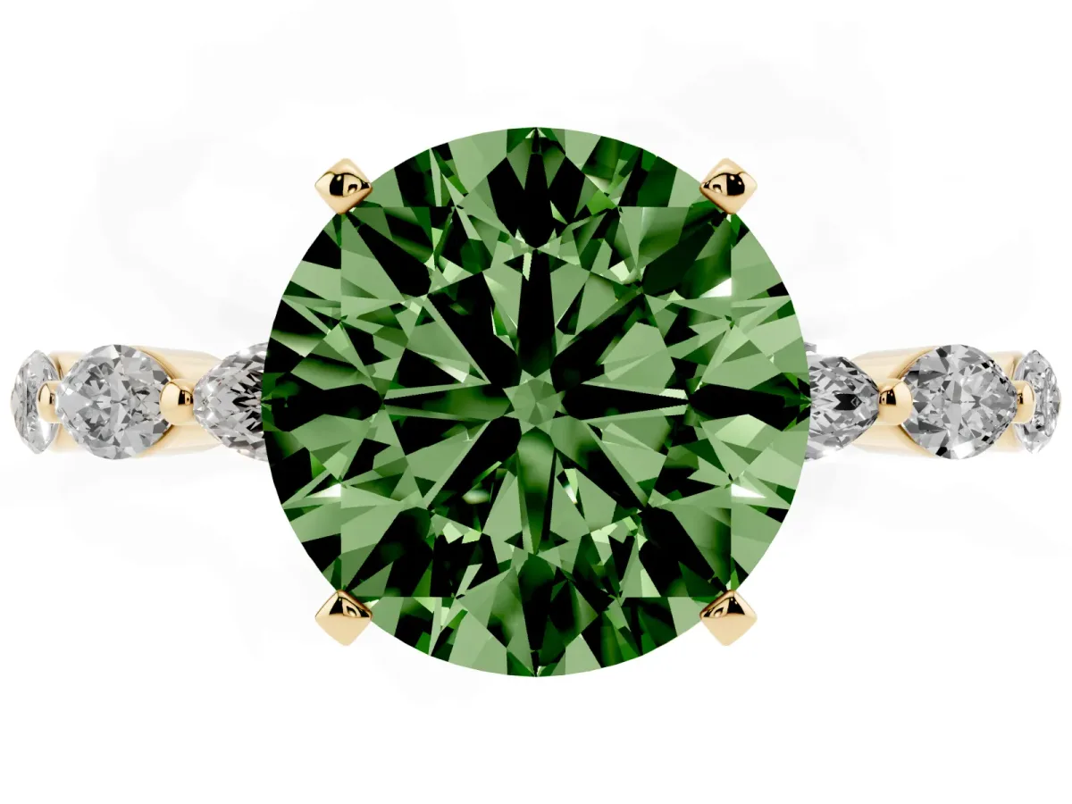 Fancy Green Round Cut Diamond Ring with Marquise Side Stones and Prong Setting Yellow gold