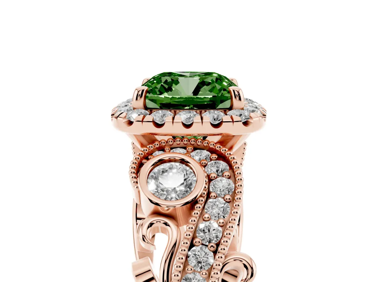 Fancy Green Cushion Cut Diamond Halo Ring with Milgrain Pavé Band and Four-Prong Setting Rose gold