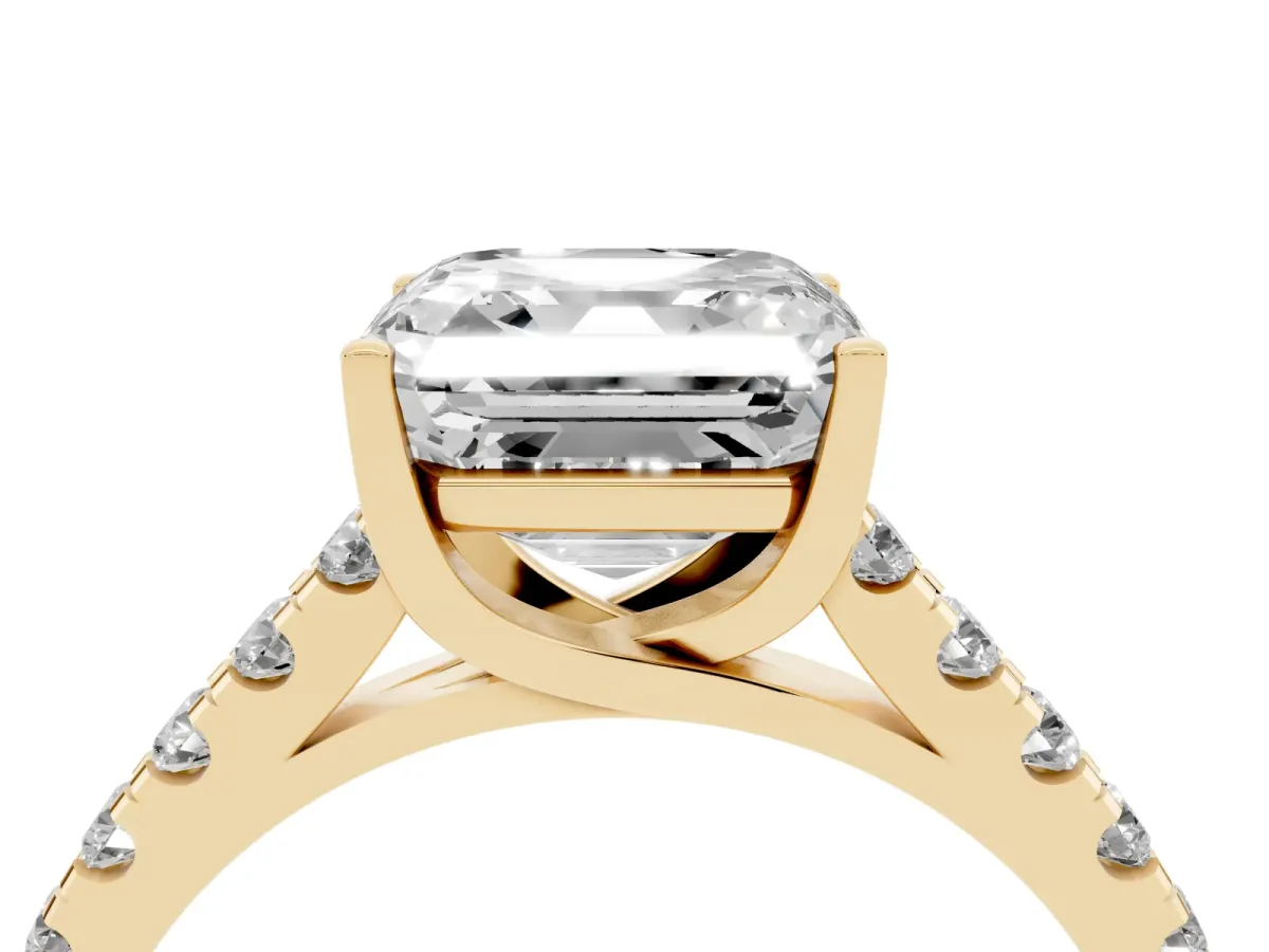 Asscher Cut Diamond Pavé Band Solitaire Ring with Prong Setting Yellow gold