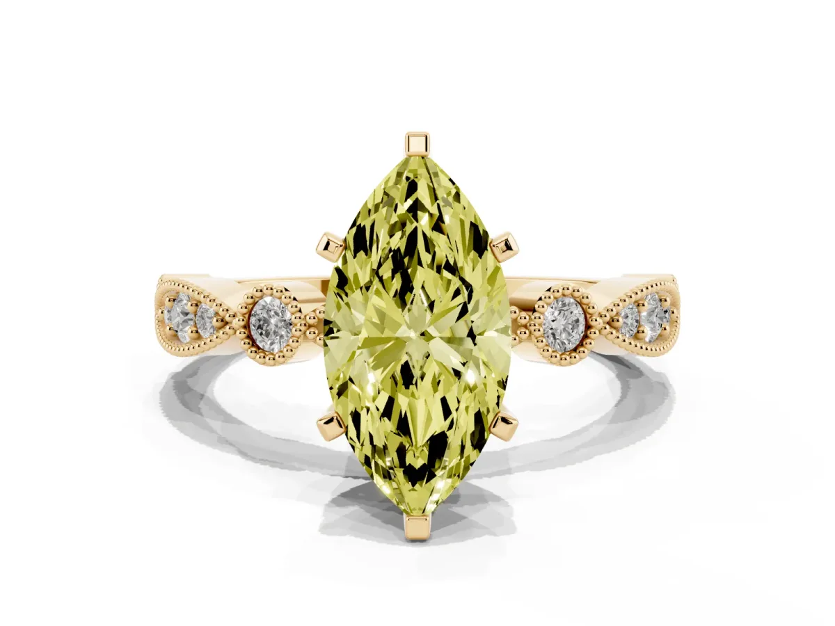 Fancy Yellow Marquise Cut Milgrain Bezel Diamond Engagement Ring with Solitaire Prong Setting Yellow gold