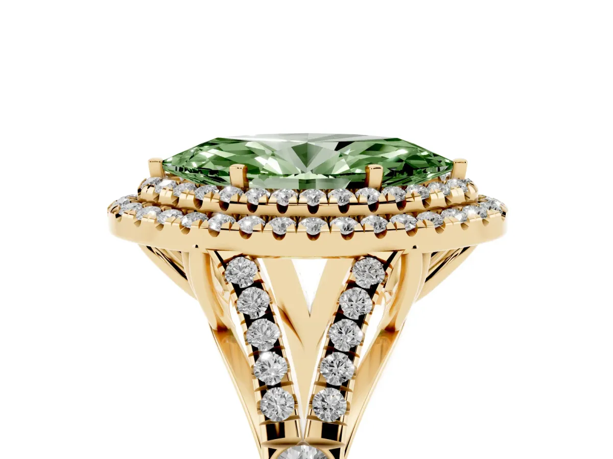 Fancy Green Double Halo Marquise Cut Diamond Split Shank Engagement Ring with Four-Prong Setting Yellow gold