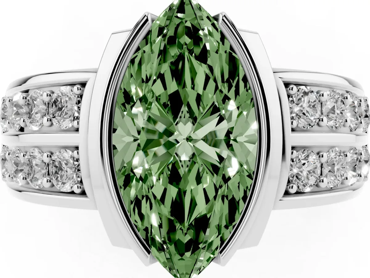 Fancy Green Marquise Cut Brilliant Diamond Channel Set Wide Band Ring with Bezel Setting White gold