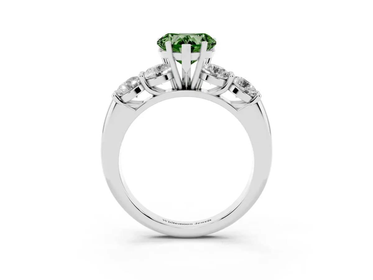 Fancy Green Heart Cut Cut Five-Stone Prong Set Diamond Ring with Classic Band Silver