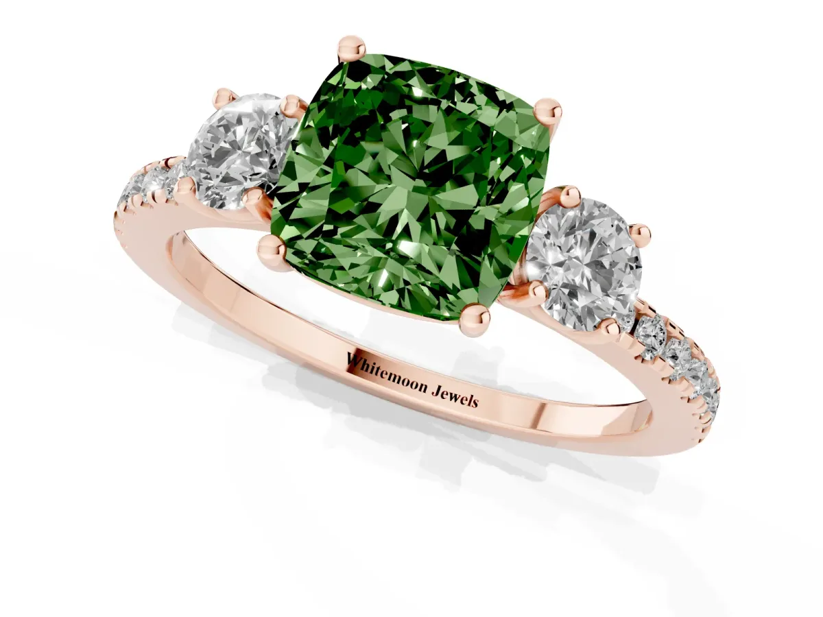 Fancy Green Three-Stone Cushion Cut Cut Diamond Pavé Band with Prong Setting Rose gold