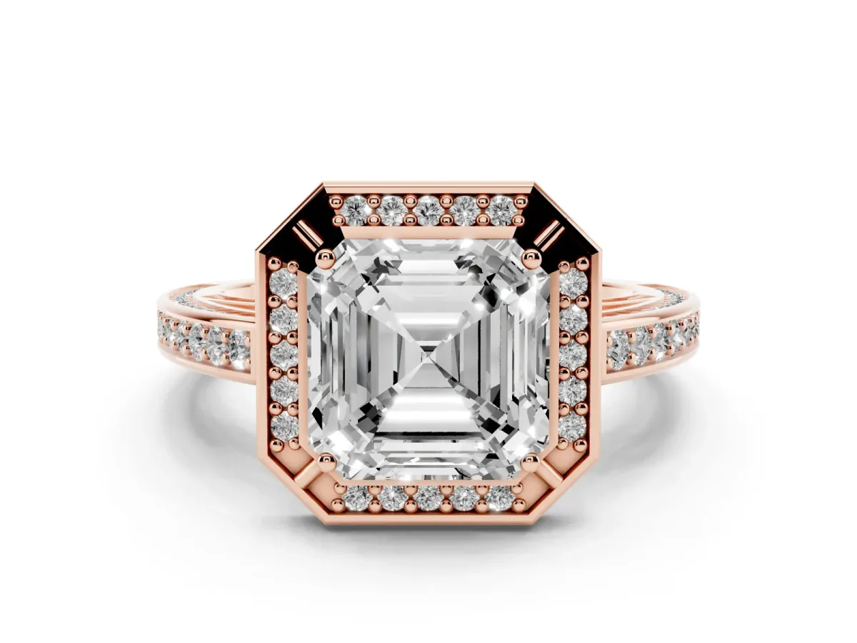 Asscher Cut Cut Halo Pave Split Shank Prong Setting Ring Rose gold